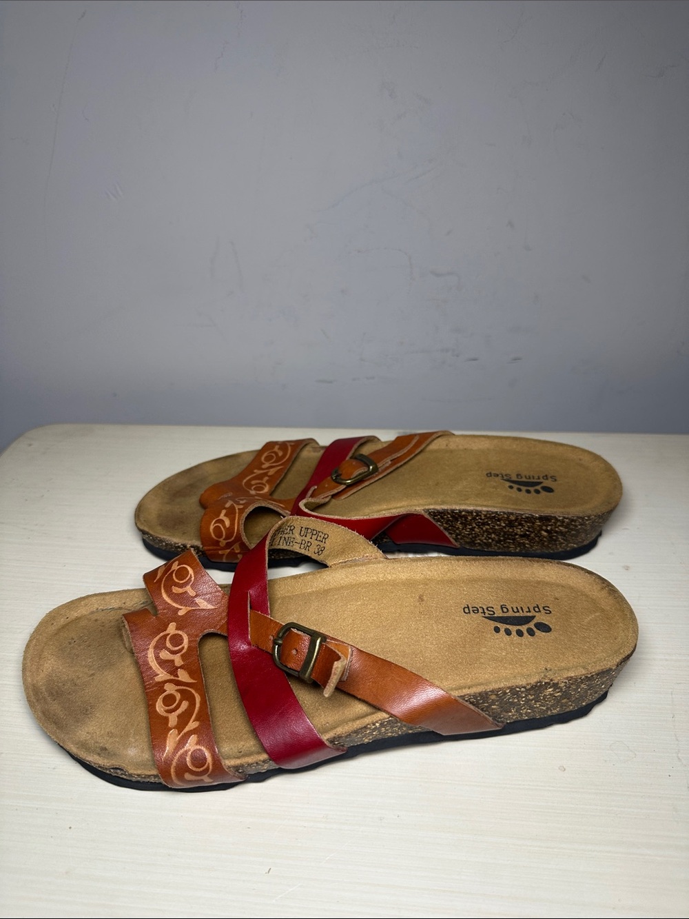 Spring Step Messaline Red & Brown Leather Buckle Slide Sandals